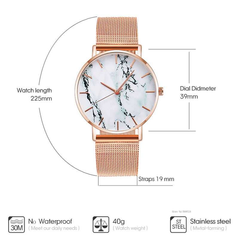 Fashion Rose Gold Mesh Band Creative Marble Female Wristwatch Luxury Women Quartz Watches