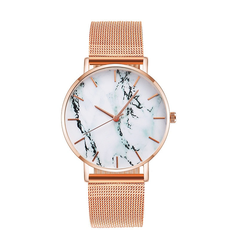 Fashion Rose Gold Mesh Band Creative Marble Female Wristwatch Luxury Women Quartz Watches